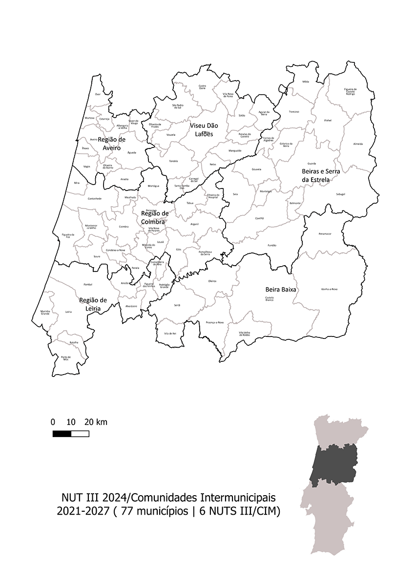 Mapa dos municípios da Região Centro âmbito da CCDRC (77 municípios)