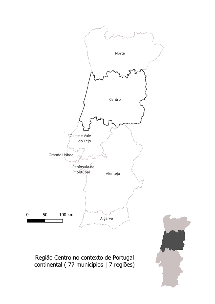 Mapa da Região Centro com as 7 regiões de Portugal Continental