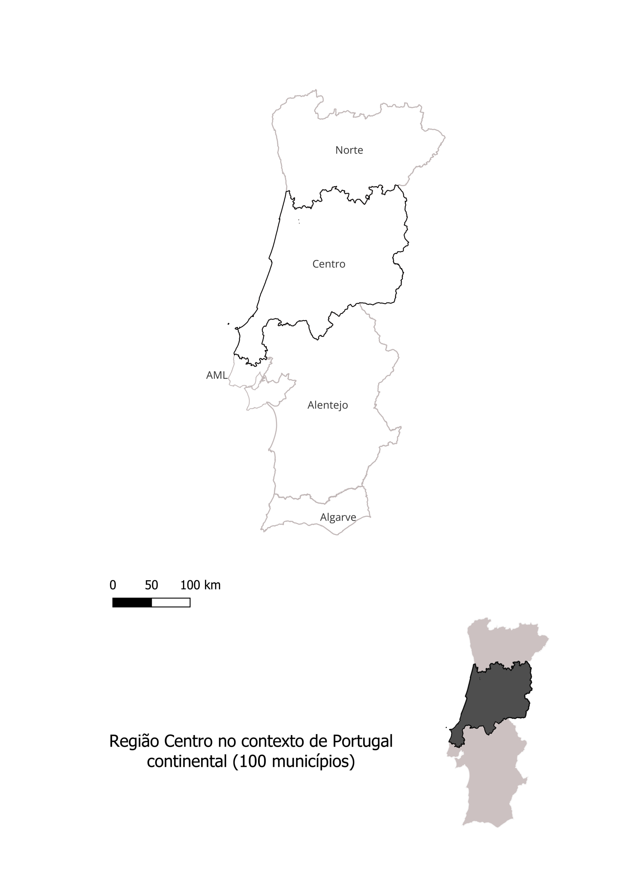 Mapa da Região Centro com 100 municpios e 5 regiões no contexto de Portugal Continental